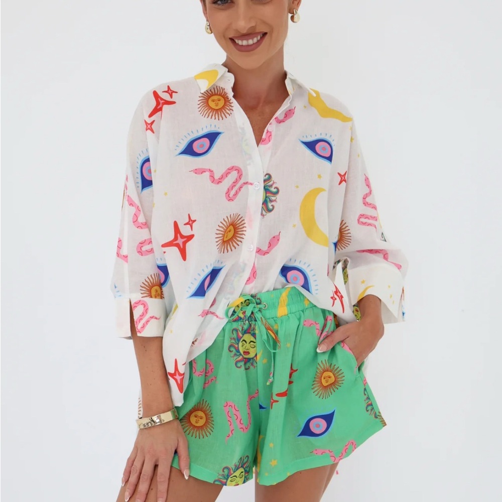 Colorful Eye Print Shirt and Green Shorts Set